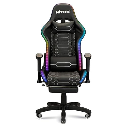 Image of NiTHO HALO RGB Gaming Office Chair with Retractable Footrest | Ergonomic 135 Reclining Computer Chair with USB-Powered RGB Light Strips, Adjustable Armrests, Swivel Chair for Gaming or Work, Black