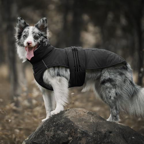 OneTigris Hundemantel, STORMWALL Wasserdicht Hundejacke mit Verstellbarer Rückenlänge Fleecefutter Reflektierend und Fellkragen für Wanderungen Outdoor für Mittelere & Große Hunde Schwarz M