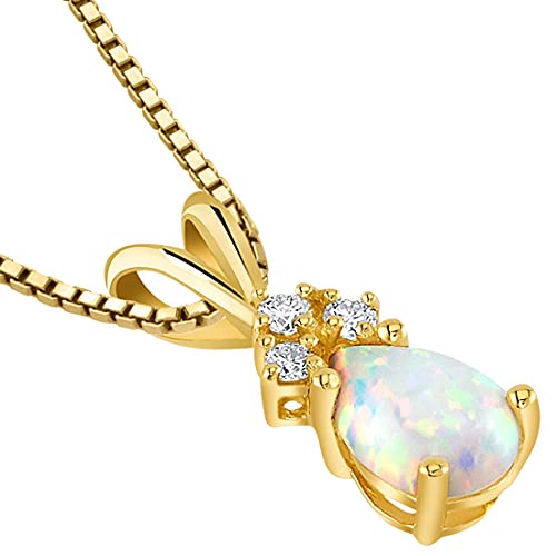 Peora 14K Yellow Gold Created White Opal and Genuine Diamonds Pendant, Dainty Teardrop Solitaire, Pear Shape, 7x5mm - Image 4