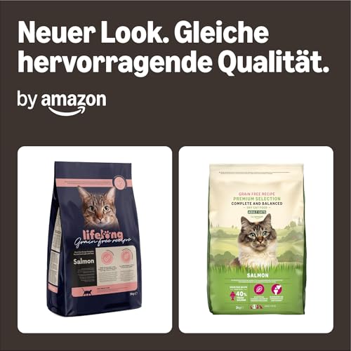 Amazon-Marke: Lifelong Katzenfutter für ausgewachsene Katzen, Fein zubereitetes Trockenfutter mit frischem Lachs, Getreidefreie Rezeptur, 3 kg (1er-Pack)