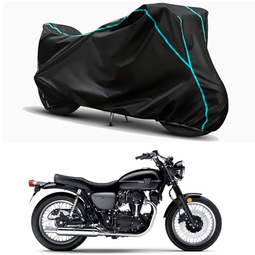 Image of Waterproof Bike Body Cover Compatible for | KawasaW800 BS6 | Taffeta Fabric, Sky Piping Design, Bottom Elastic Fit | Dustproof, Sun UV & Rain Protection for All Weather.