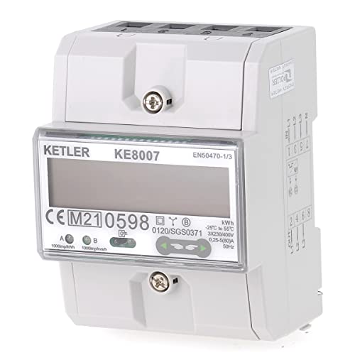 KETLER KE8007 Sous compteur électrique triphasé, certifié MID, 80A max modulaire, Simple tarif, Affichage LCD, Multifonction, Remise à zéro partielle. (400V phase phase, 230V phase neutre)