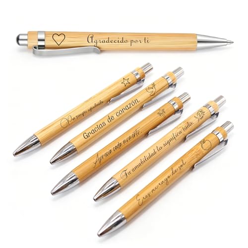 Bolígrafos de Bambú Personalizados con Grabado Láser, Bolígrafos de Madera con Nombre o Logo, Retráctiles con Tinta Negra, Regalos para Profesores, Empleados y Voluntarios (5, color madera)