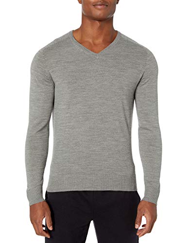 Amazon Brand - Peak Velocity Men's V-Neck Merino Wool Thermolite Sweater, Light Grey Heather, Large