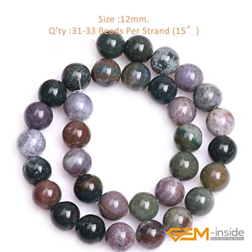 Gem-Inside Natural 12Mm Indian Agate Gemstone Loose Beads Round Crystal Energy Stone Power For Jewelry Making 15'' #TOP1