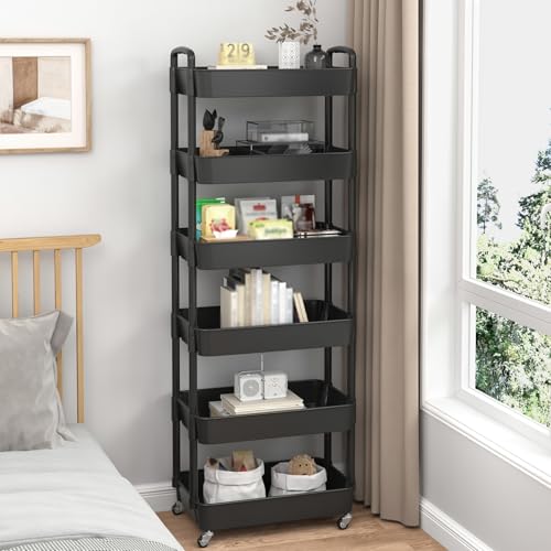 Image of Sywhitta 6-Tier Plastic Rolling Utility Cart with Wheels for Storage,Black