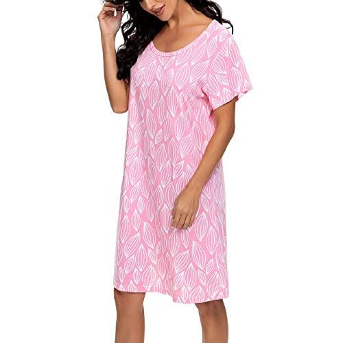 Tugege Women's Nightgown Short Sleeve Sleepshirts House Dress Sleepwear Casual Print Pajama (Pink Leaves, Medium) #TOP2
