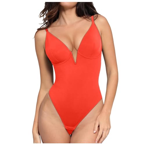Generisch Body de tanga sin espalda con cuello en V profundo para mujer, naranja, M