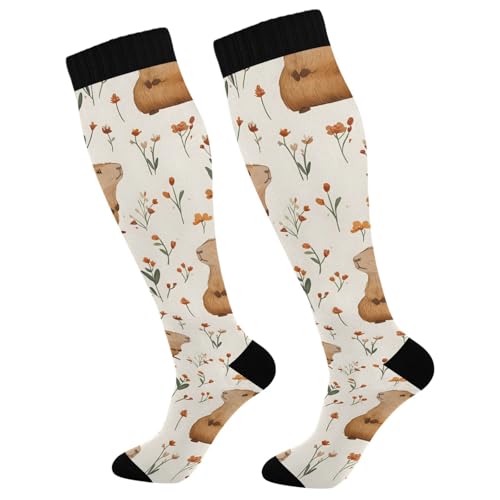MFTJYO Capybara Flower Grass Women's Compression Socks for Women Men Knee High Socks Long Circulation for Athletic Running