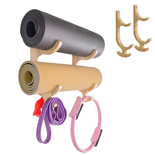 Tapeera Wooden Yoga Mat Holder Wall Mount - Yoga Mat Storage Rack - Home Gym Equipment Storage & Organizer - Resistance Band Wall Mount - Home Gym Accessories Wall Rack - Workout Storage Organizer