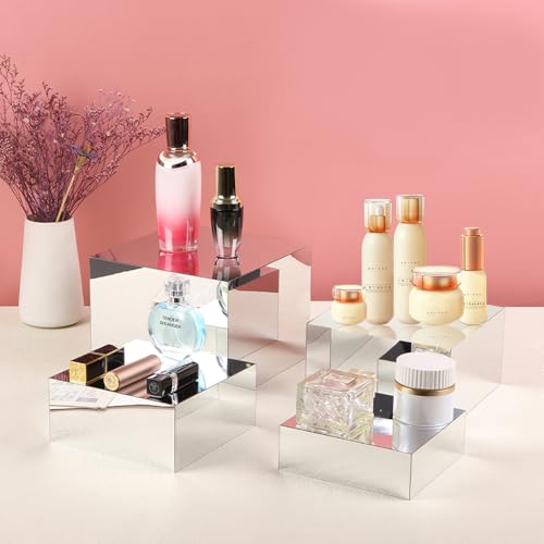 3 Pack Acrylic Riser Displaty Stand and 4 Pcs Silver Cube Acrylic Buffet Risers Display Box