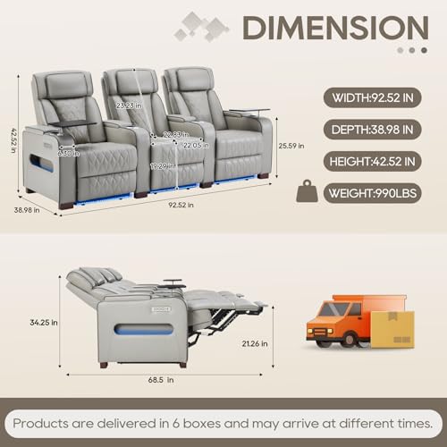 Image of Luxury Home Theater Seating - Power Recliner with Adjustable Headrests, Blue LED Ambient Lighting, Tray Table, USB & Type-C Charging (Grey, 3 Seat)