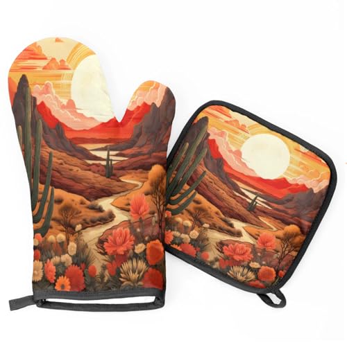 Desert Flower Cactus Oven Mitts Kitchen Oven Gloves for Cooking Baking Heat Proof Lining Cotton Kitchen Potholder Mittens Pot Holders Hot Pads for Chef Women Men