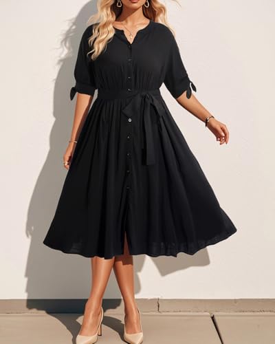 Pinup Fashion Summer Work Dress Plus Size - Office Casual Business Button Front Midi Dress with Pockets3