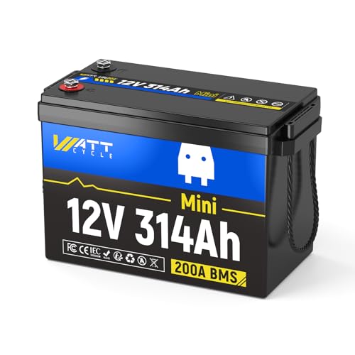 WattCycle 12V 314Ah Mini LiFePO4 Lithium Battery, Upgraded Cooling Fins & Braided Wires, 200A BMS & 4.01kWh Energy, 4000+ Cycles, Ideal for RV, Marine, Camping, Solar Off-Grid