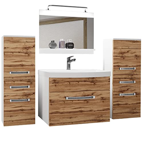 Badezimmer Möbel Set Mit Waschbecken, Unterschrank, Spiegel & LED Lampe – Schwarz/Eiche