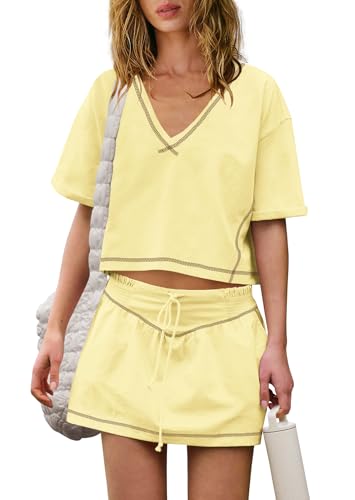 LAMISSCHE Womens 2 Piece Workout Sets Athletic Gym Sets Crop Top And Skirt With Shorts Set Activewear(Light Yellow,XS)