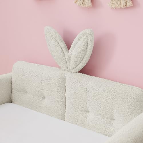 Image of KEIKI Twin Size Upholstered Platform Bed Frame with Guardrail, Slats, Beige | Boucle Platform Bed with Cute Rabbit Ear Shaped Headboard, Pocket, for Boys and Girls, No Box Spring Required, Easy Assembly