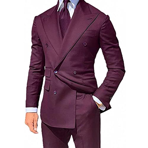 Men's Suits 2 Piece Slim Fit Double Breasted Formal Business Blazer Pants Tuxedo Wine #TOP17