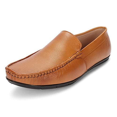 Image of LOUIS STITCH Men's Tan Italian Leather Loafers Slip ons Moccasins Casual Driving Loafer Buckle Design