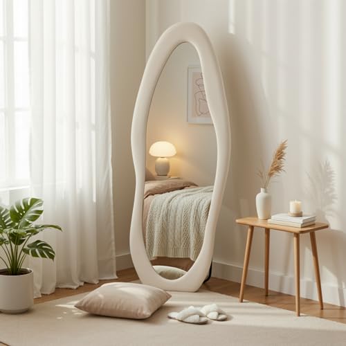 Clevich Irregular Wavy Full Length Mirror 160x60cm, Floor Standing Mirror with Stand, Wall Mounted, Ivory White Flannel Frame, HD Shatterproof Nano Glass, for Bedroom Living Room