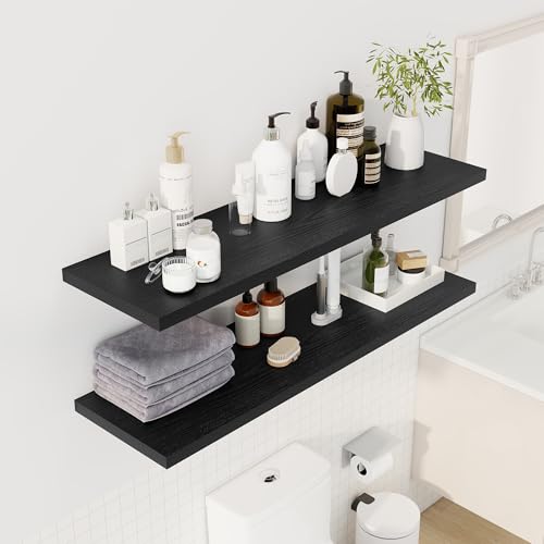 Image of Dreamland 48 inch Floating Shelves for Wall, 12 inch Deep Slim Black Floating Shelves, Wall-Mounted Shelves for Bedroom, Living Room, Kitchen, Bathroom - Set of 2