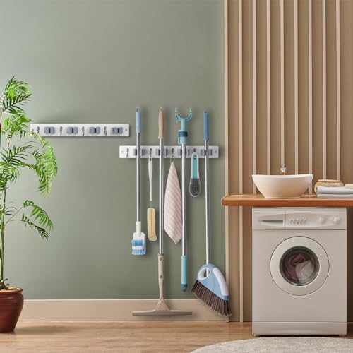 image for OUTNILI 2 Pack Mop Broom Holder Wall Mount - White Wood Broom Mop Hang