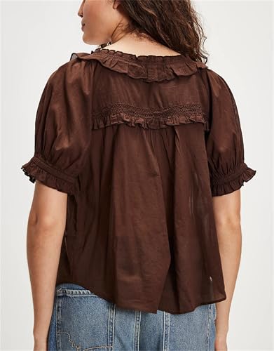 Women Lace Trim Cardigan Shirt Short Sleeve Button Down Ruffle Hem Blouse Summer Boho Tops Y2K Going Out Tops4