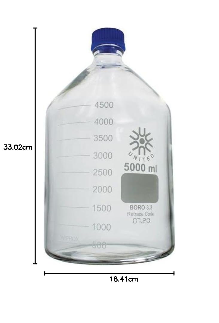 United Scientific ™ Bottiglie rotonde da laboratorio da 5000 ml (5 L) con tappo a vite GL45, vetro borosilicato 3.3