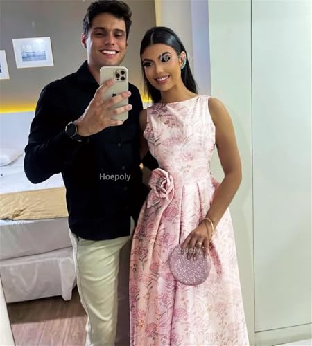 Tea Length Mother of The Bride Dresses Jacquard Floral Print Prom Dress Crew Neck Formal Evening Gowns with Pockets3