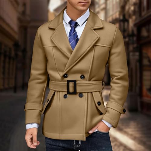 Men's Belted Windbreaker Jackets Long Sleeve Double Breasted Solid Color Lapel Collar Trench Coat Casual Windproof Overcoat2