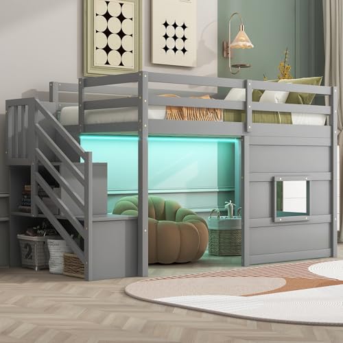 SOFTSEA Twin Low Loft Bed with LED Lights & Stairs for Kids, Twin Size Loft Bed with Window and Playhouse Under Bed Space for Boys Teens Juniors, Grey