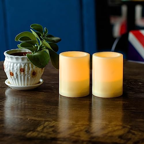 Image of CANDLE CHOICE Outdoor Battery Operated Flameless Candles with Remote Timer Waterproof Flickering Plastic Electric LED Pillar Lights for Lantern Patio Garden Wedding Party Decorations D3 inchxH4 inch 2 Pack