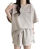 [AAQX] レディース ルームウェア 上下セット 半袖 トップス ショートパンツ 柔らかい 薄手 快適 部屋着 リラックス おしゃれ 可愛い 春夏秋向け カットソー (JP, アルファベット, M, ベージュ)