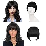 2 Stück Clip in Fransen Echthaarverlängerung, Clip in Pony Haarteile 100% Echthaar Natur schwarz dicker Pony Clip auf Front Fransen Pony Extensions für Frauen Mädchen (natürliches Schwarz)