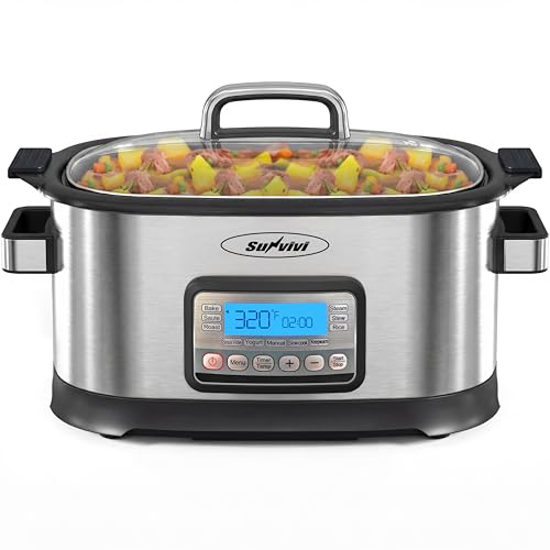 Image of Sunvivi 6.5 Quart Slow Cooker Roaster Oven, 11 in 1 programmable Multi-Cooker Food Warmer with Digital Timer, Temp Control, Removable Nonstick Cast Aluminum Pot & Dishwasher-Safe Tempered Glass Lid