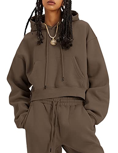 Flygo Womens Fleece 2 Piece Outfits Sweatsuit Crop Pullover Sweatshirt Joggers Pants Tracksuit Set