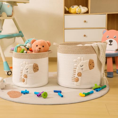 Image of Large Blanket Baskets for Living Room Decor, Toy Storage Baskets 14 inch x 14 inch Woven Cotton Rope Basket for Kids, Dog Toys Organizer Clothes Hamper with Embroidery Decor for Nursery Laundry, Giraffe