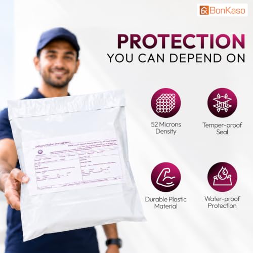 Image of BonKaso 16x20 Inch Poly Courier Bags with POD Jacket | 55 Micron Thick, Waterproof, Tear-Resistant Tamper-Proof Packaging Envelopes for Shipping & Delivery Use - Pack of 100