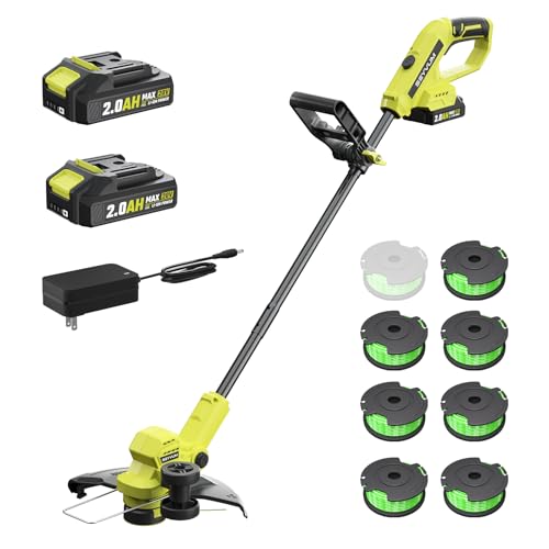 SEYVUM String Trimmer, 20V 12-inch Cordless Weed Wacker with Auto Line Feed, 2 X 2.0Ah Battery Powered Lawn Edger with 8 Pcs Grass Cutter Spool Line, Fast Charger Included, Bright Lemon Green