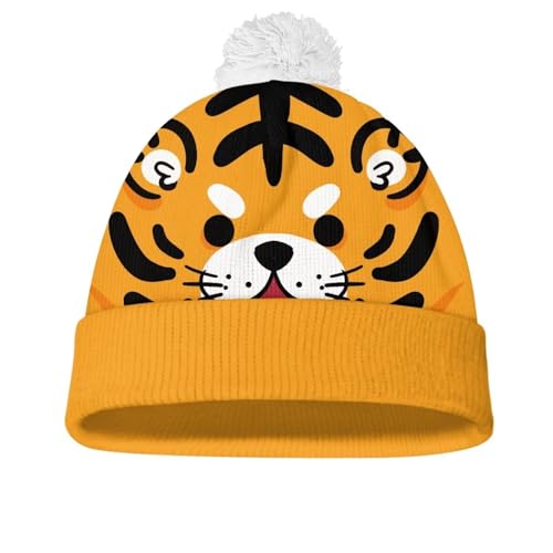 Sellikakes Winter Kids Beanie Hat for Girls Boys Woolen Warm Printed with String Ball Hat for boy Outdoor Wear Little Tiger Pattern