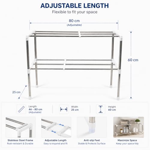 Image of DecorTwist Stainless Steel Microwave Oven Storage Rack for Kitchen | Universal Countertop Organizer | Heavy-Duty Rust Resistant Rack for Microwave, Oven & Appliances