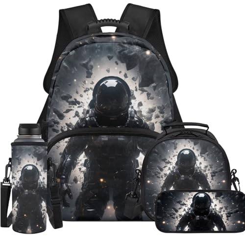 Space Astronaut Middle School Backpack for Boys Bookbags with Lunch Box and Pencil Case Cool Backpacks for Boys Teens Schoolbags with Compartment for Elementary Students 4 Pcs
