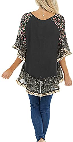 CASURESS Women's Floral Printed Ruffle 3 4 Sleeve Shirt Batwing Loose Tops Blouses Pullover3