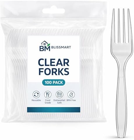 Clear Plastic Forks 100 Pack (4 x 25) Heavy Duty Reusable & Dishw...