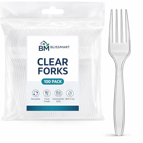 BLISSMART Clear Plastic Forks 100 Pack (4 x 25) Heavy Duty Reusable & Dishwasher Safe BPA-Free Food-Grade Forks for Parties Catering & Everyday Use