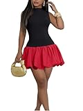 Ekaliy Bubble Dress for Women Sexy Sleeveless Open Back Mock Neck Bodycon Knit Y2k Mini Short Party Club Dresses Black Red