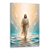 Cyebmo Framed Jesus Walking on Water Wall Art, Abstract Jesus Portrait Wall Decor, Blue Inspirational...