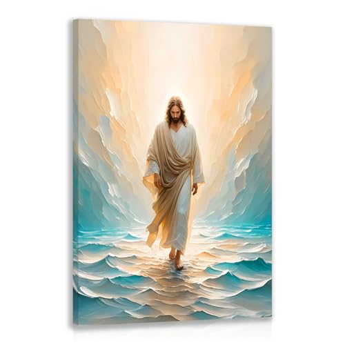 Cyebmo Jesus Walking on Water Wall Art, Abstract Jesus Portrait Wall Decor, Blue Inspirational Christian Poster Print, Minimalist Biblical Canvas Artwork for Prayer Church Wood Framed 16x24 Inch