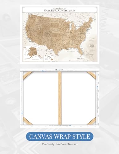 Image of IPIC - Vintage Push Pin United States Map Canvas Wall Art, Oversized US Travel Map Print for Home, Office, Study or RV, Push Pin Board Decor to Track Your Travels, Ready to Hang